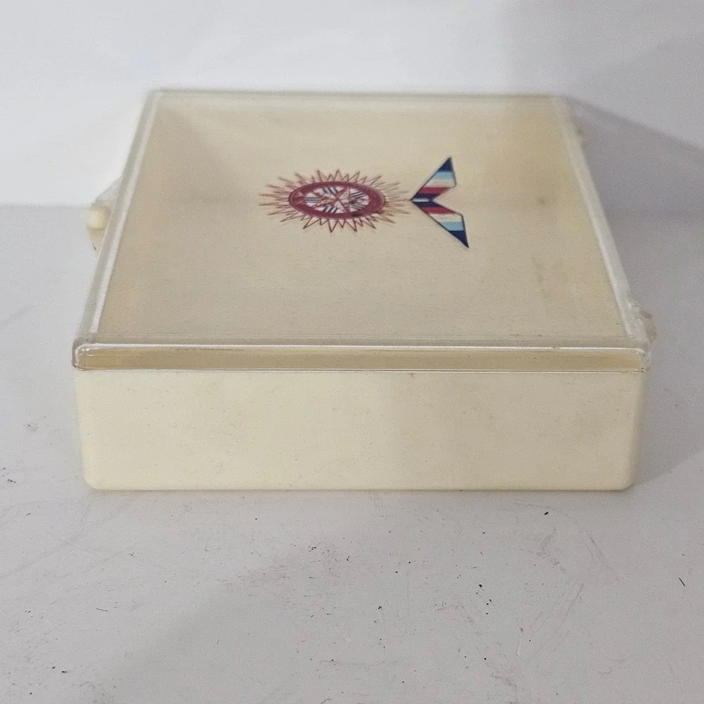 Vintage Plastic Storage Box with Medal Emblem Clear Lid Cream Base Small Case